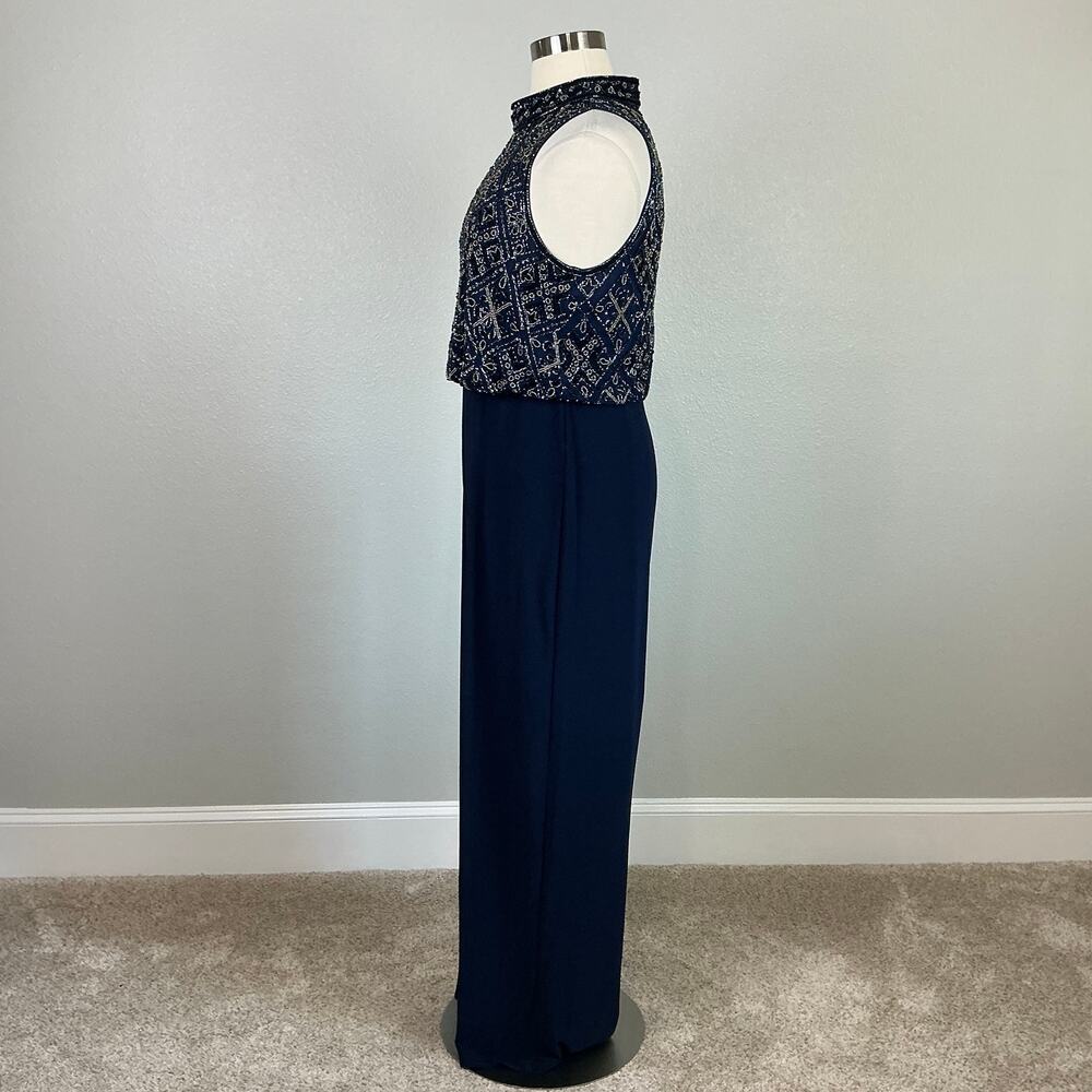 Adrianna Papell Blue Jumpsuit Beaded Wide-Leg Pant Sleeveless Halter Size 18 - Picture 6 of 12